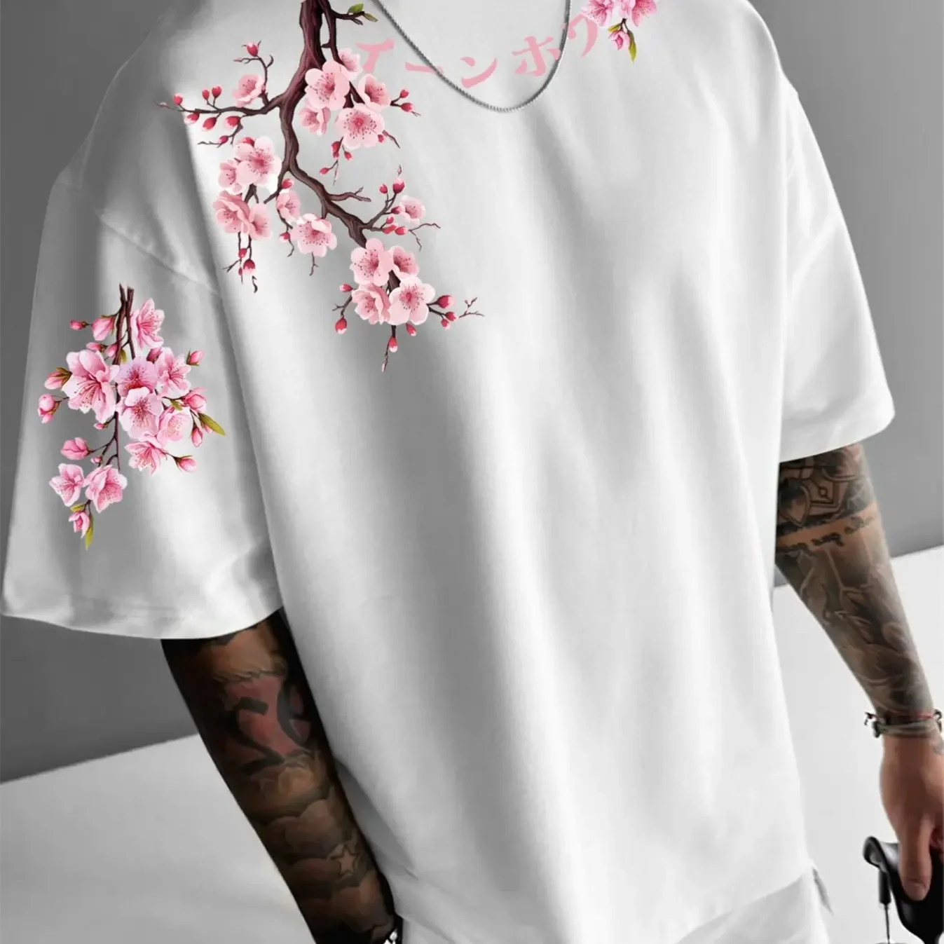 Men's Oversized Summer Japanese T-Shirt Cherry Blossom Print Soft Cotton Black Top for Street Style & Oriental Culture