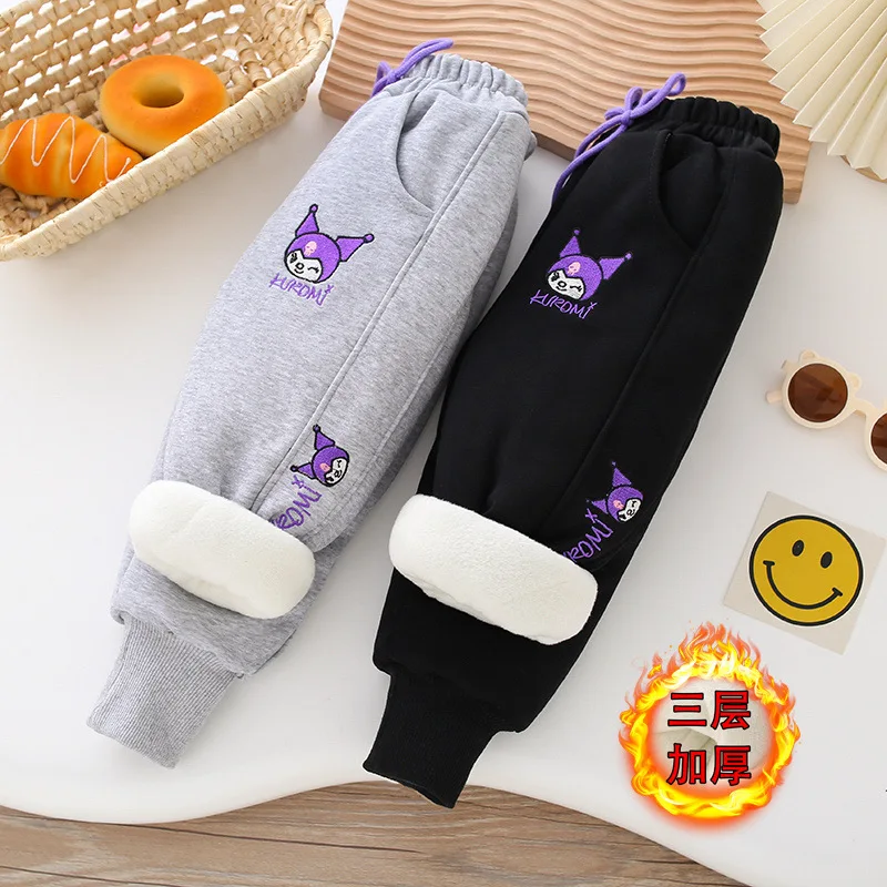 Girl Sanrios Child Cotton Pants Kuromi Winter Plus Velvet Thicken Wear Outside Keep Warm New Leisure Kawaii Cartoon Sweatpants