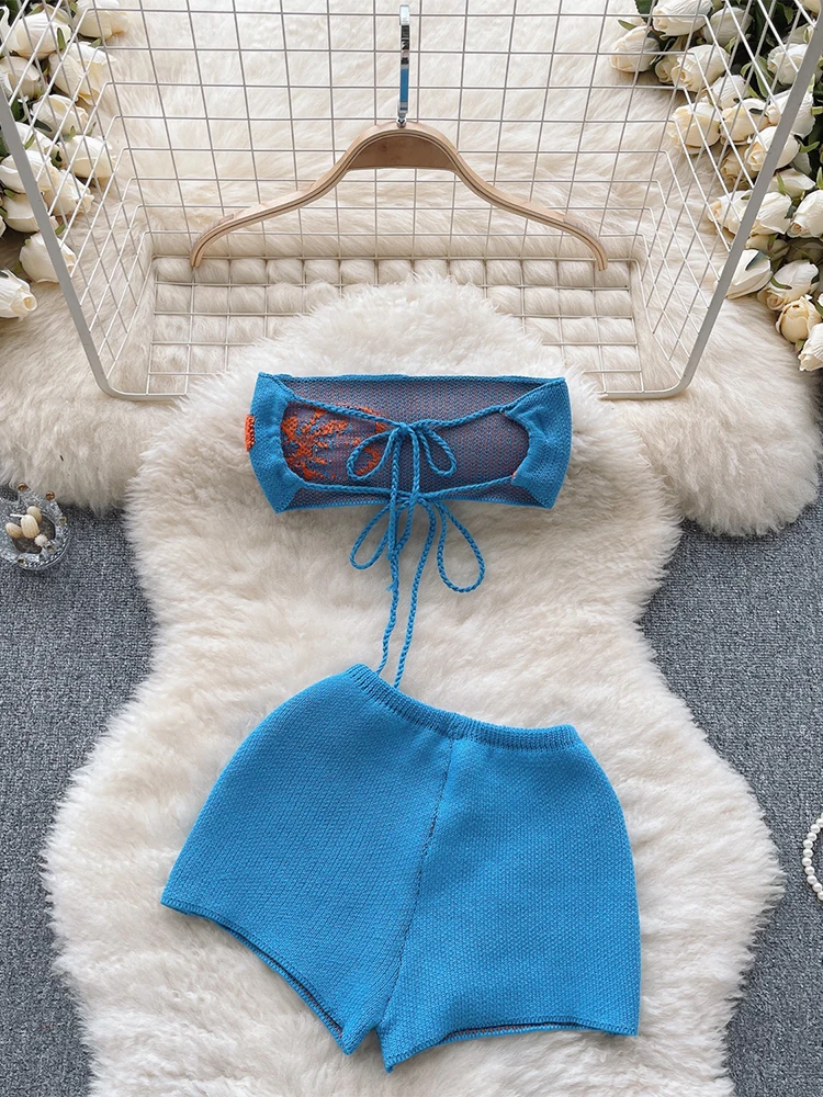 بدلة نسائية زرقاء مكونة من قطعتين بلوزة قصيرة بدون أكمام مع تنانير صغيرة 90s عتيقة Y2k أطقم تنورة محبوكة ملابس 2000s