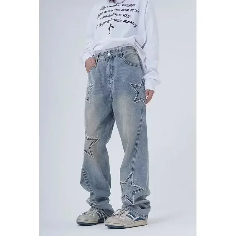 

Five-pointed Star Patch Embroidery Loose Unisex Jeans Fashion Washed Wide Leg Denim Pants Men's Straight Denim Mopping Trousers