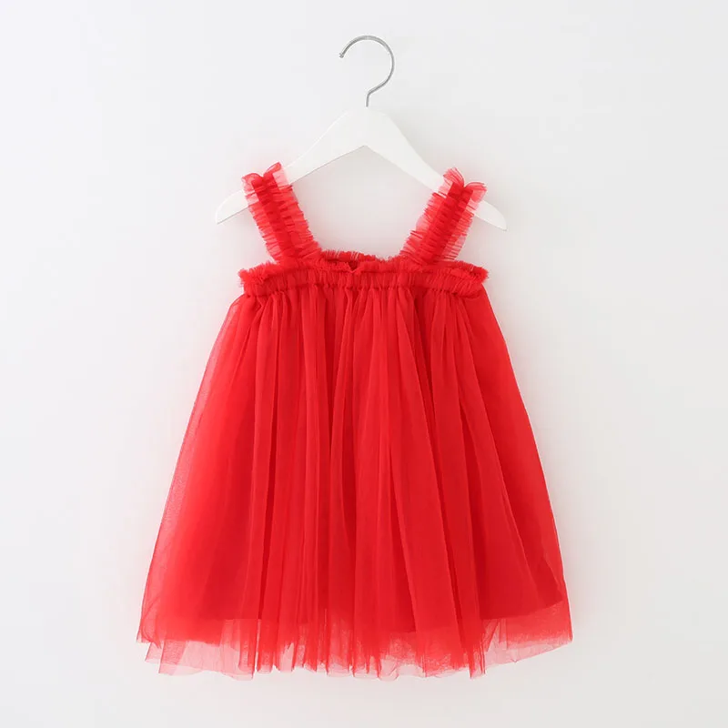 2024 New Summer Little Girls Suspender Princess Dress 8 Colors Elegant Ruffles Solid Color Mesh Dress 9M-6T