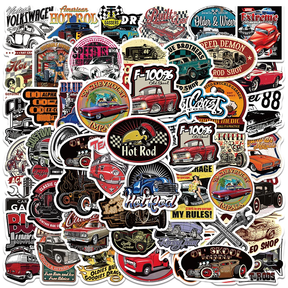 10/30/50pcs Vintage Car Cartoon Stickers Retro Hot Rod Decals DIY Phone Case Motorcycle Laptop Cool Graffiti Sticker Decoration