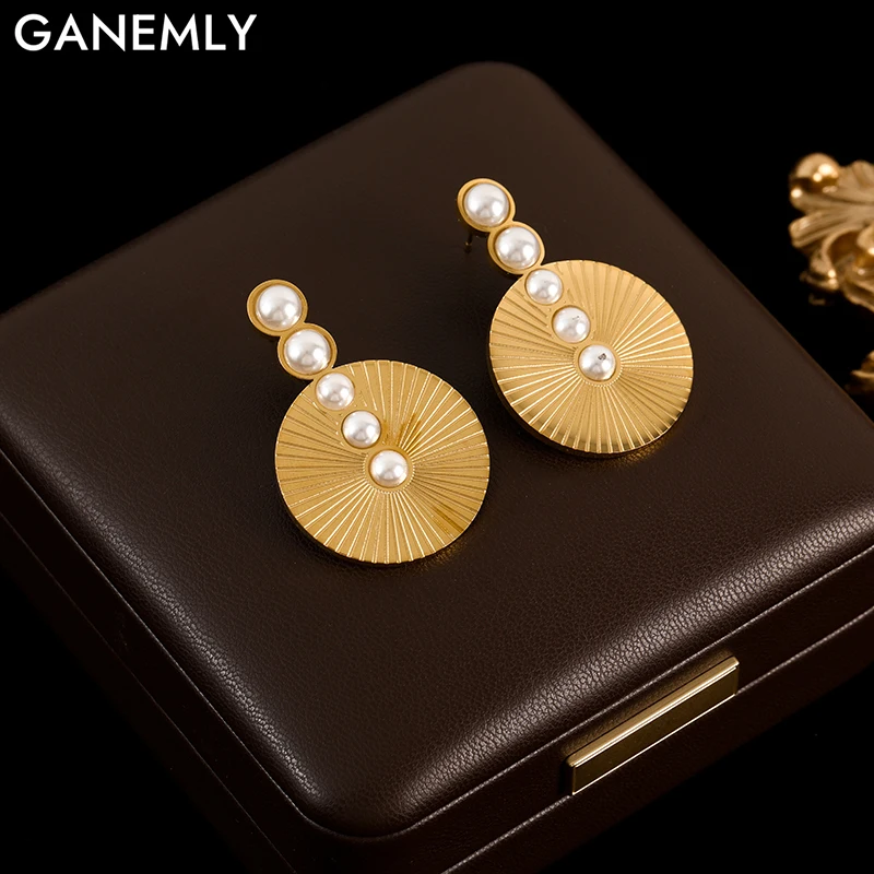 

GANEMLY 316L Stainless Steel Exaggerated Pearl Round Dangle Earrings For Women Fashion Waterproof Ear Jewelry Gift Party Bijoux