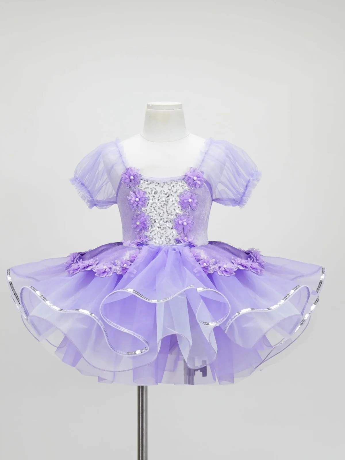 Traje de dança infantil para meninas, saia fofa, traje de performance, saia roxa de gaze de lantejoulas princesa