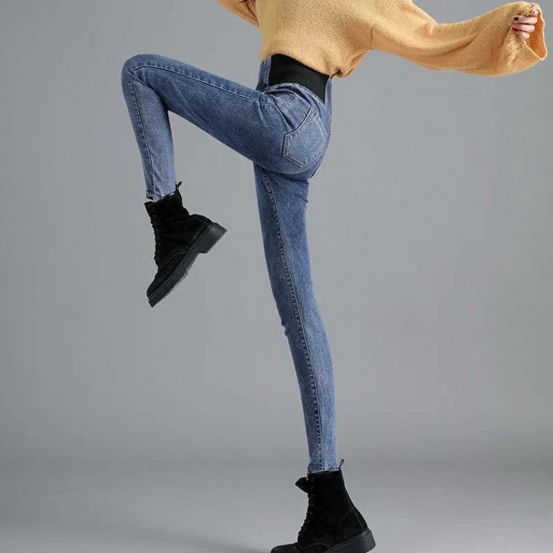 EVNISI المرأة عادية سميكة سروال شكل قلم رصاص ربيع الخريف الكشمير الدافئة تقليد الجينز للنساء عالية الخصر مكتب بنطلون 2024