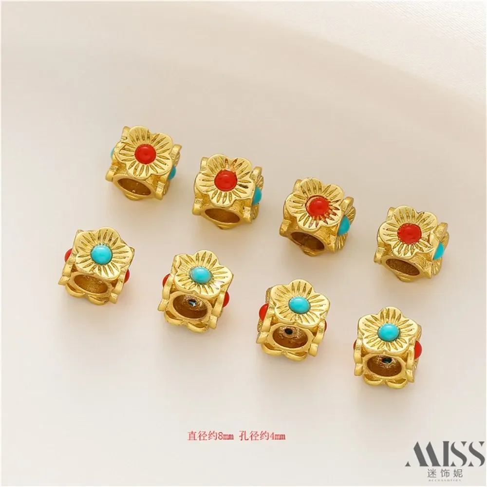 18K Sand Gold Ruby Square Large Hole Multi-faceted Flower Square Bead Diy Woven Bracelet Necklace Accessories