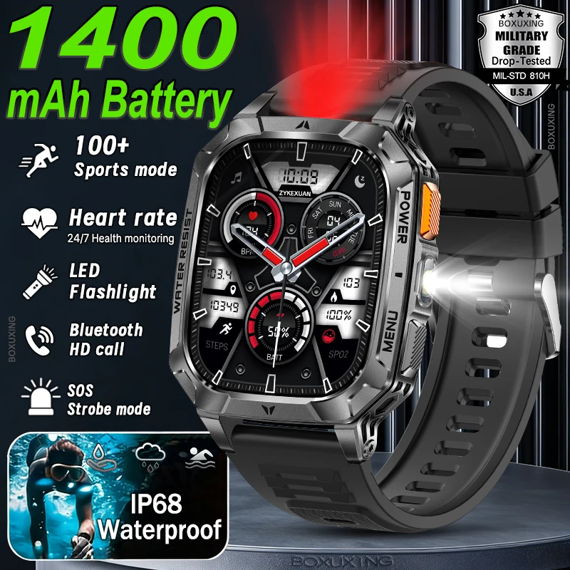 

Новые умные часы с аккумулятором 1400 мАч, военные умные часы для мужчин, IP68, водонепроницаемые, фитнес-трекер, монитор здоровья, спортивные умные часы для iOS, Android