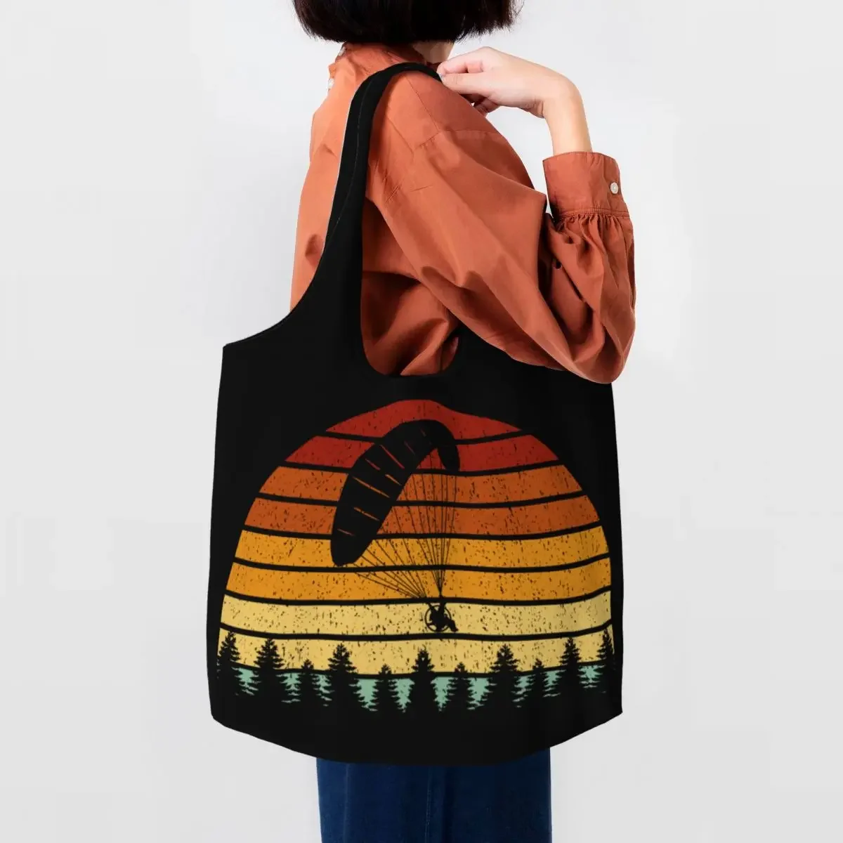 Sunset Paragliding Shopping Tote Bag Reusable Gift For Paragliders Paramotor Canvas Grocery Shoulder Shopper Bags Handbags