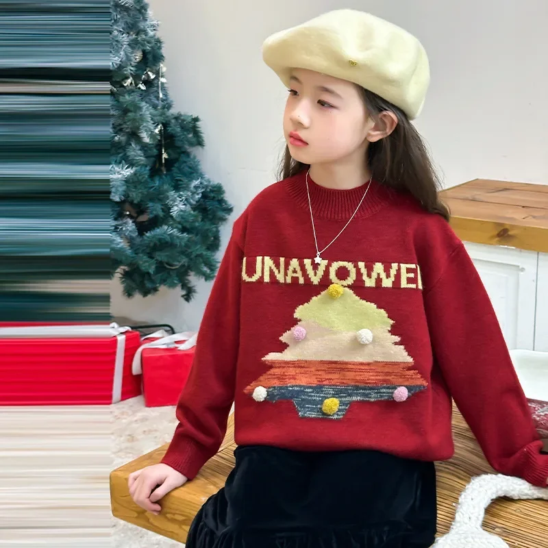 Girls Sweater 2024 Winter New Childrens Wear Korean Style Baby Girl Thicker New Year Christmas Tree Plus Cashmere Sweater