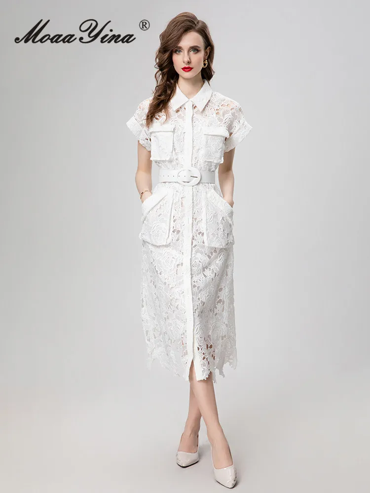 

MoaaYina Summer Fashion Runway Dress Women Elegant Solid Color Flowers Embroidery Hollow Out Multi Pocket Sashes Blouses Dresses