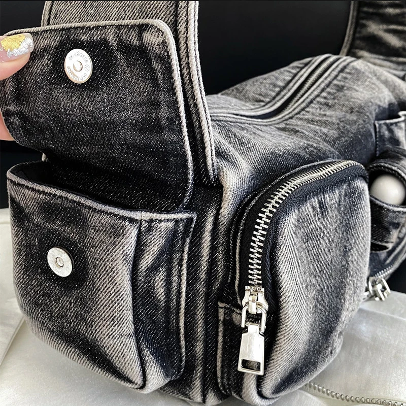 Moto & Biker Denim Bags For Women Luxury Designer Handbags Purses 2024 New In Y2K Multiple Pockets Washing Cloth Armpit Shoulder