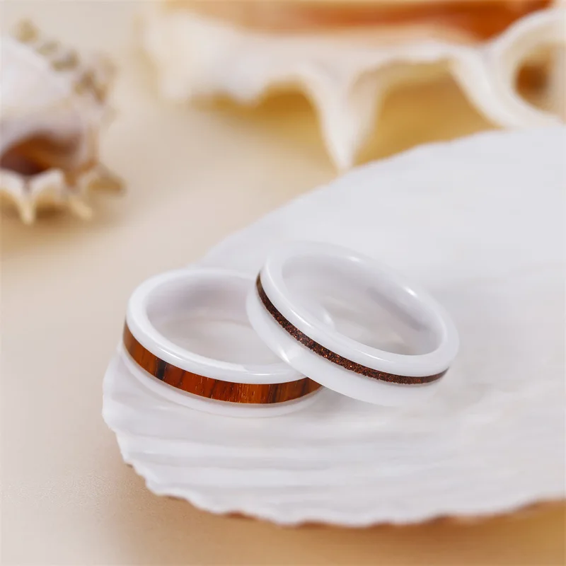 

Fashion New product hot-selling Ceramic jewelry White ceramic with wood grain inlay Finger width 6mm unisex Ceramic ring