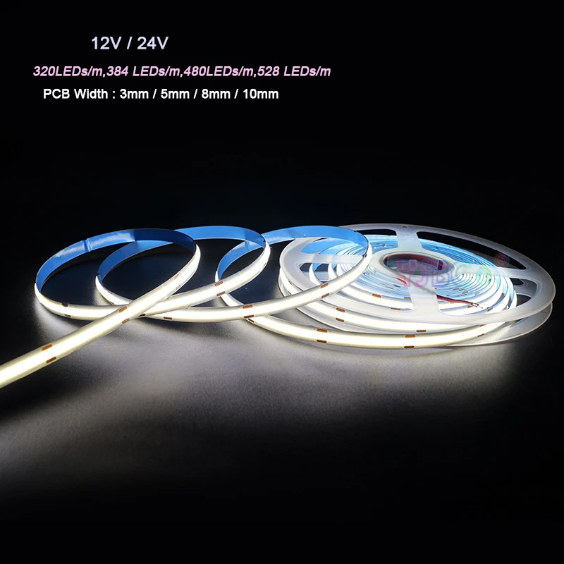 

5m COB LED Strip Tape 12V 24V High Density Flexible soft Bar FCOB Lights 320/384/480/528 LEDs/m White/Warm White Linear Dimmable