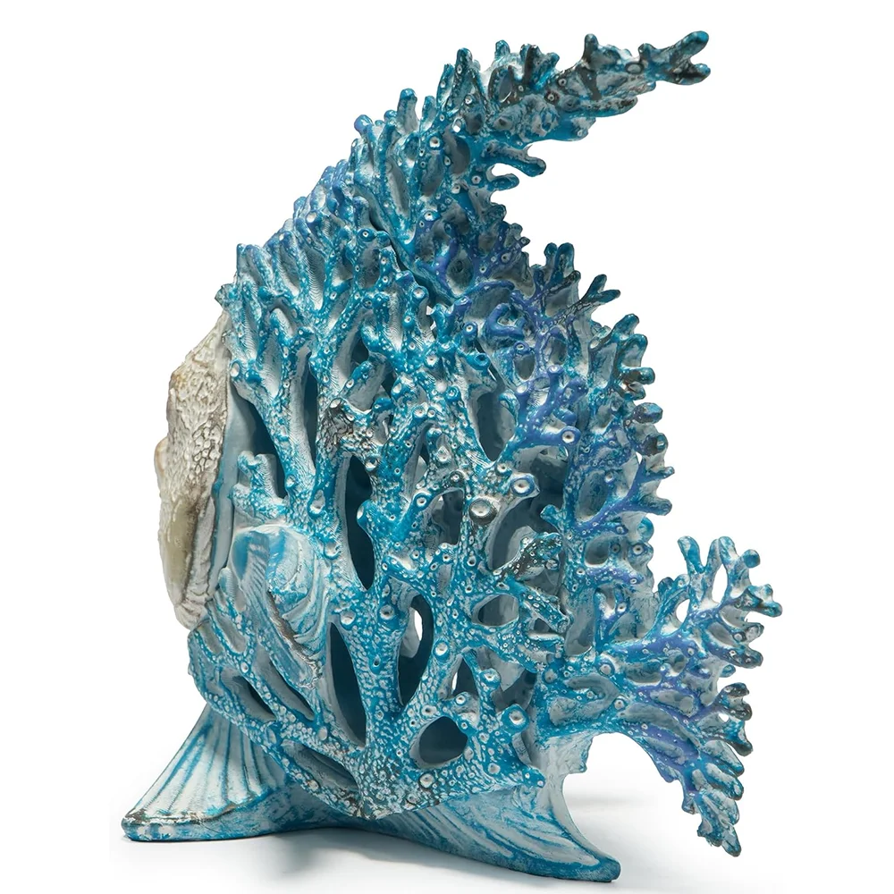 Hodao 7.75 Inch Resin Coral Reef Fish Figurine, Hand-Painted Blue and Ivory Angelfish Sculpture with Stone-Textured Finish, Coastal Ocean Sea Life Decor for Beach House, Living Room, Bathroom, Bookshelf, Tabletop, Office Desk, Nautical Housewarming Gift