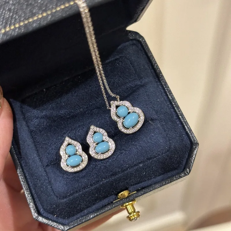 

Retro New in Chinese style silver 925 Inlaid Full Diamond turquoise Gourd Necklace earrings for women High Grade jewelry sets