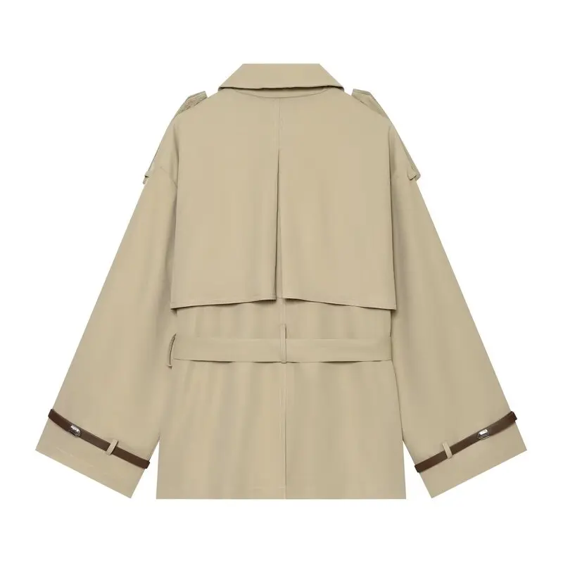 Fall 2026 Women's Design Sense Double Buttoned Belted Windbreaker Jacket Outerwear Casual Commute Style Loose Fit Other Material
