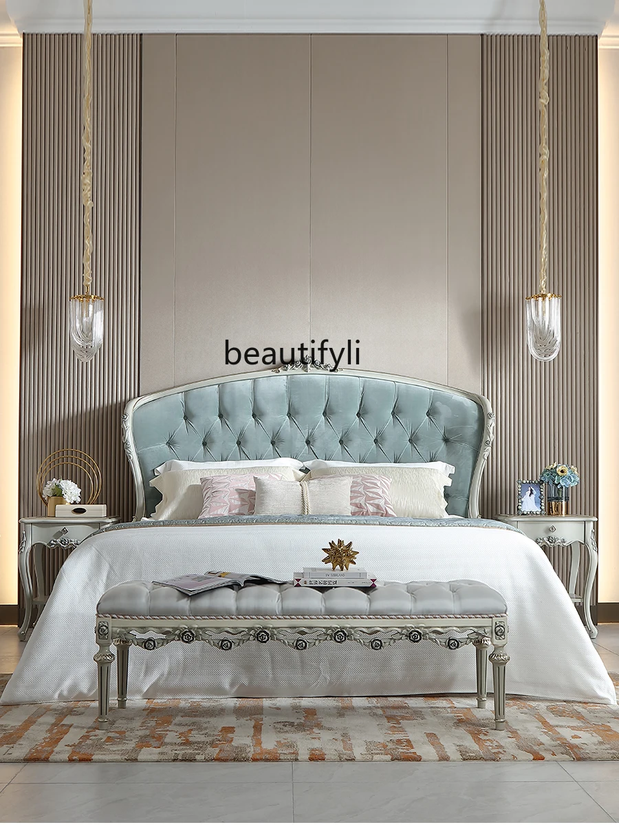 French Style Wood Carved Fabric Bed European Style Villa Large Flat Floor Master Bedroom Princess Bed