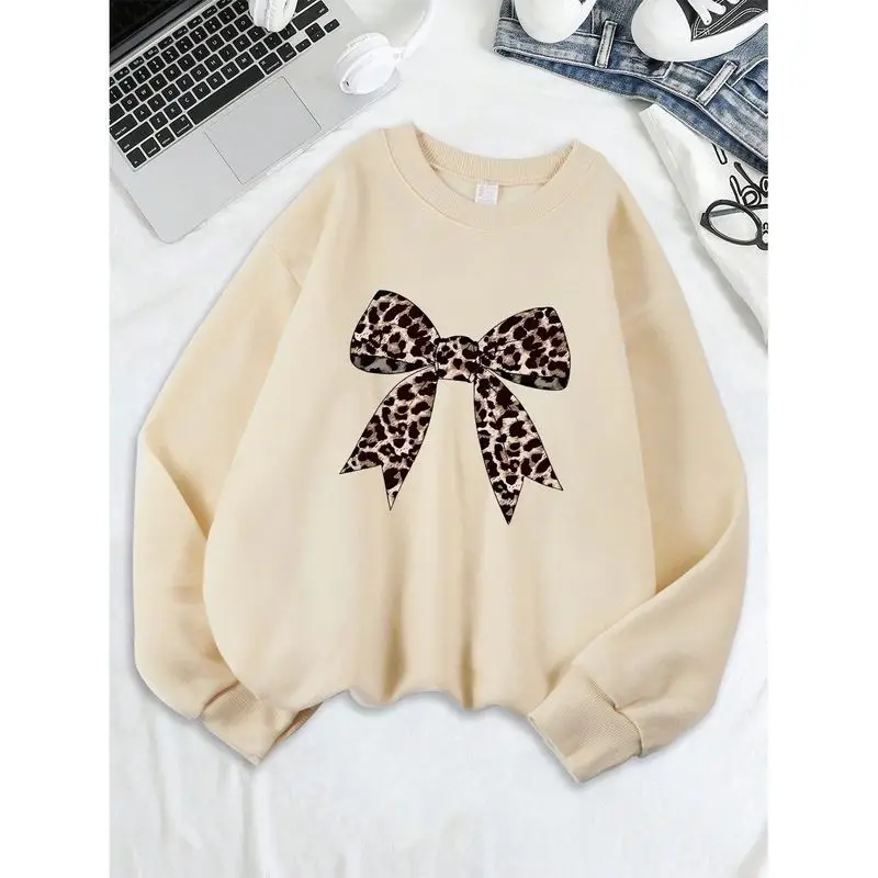 Suda con Estampado de Leopardo para Mujer, Cuello Redondo, Detalle de Lazo en la Capucha, Estilo Cleanfit, Ropa de Abrigo...