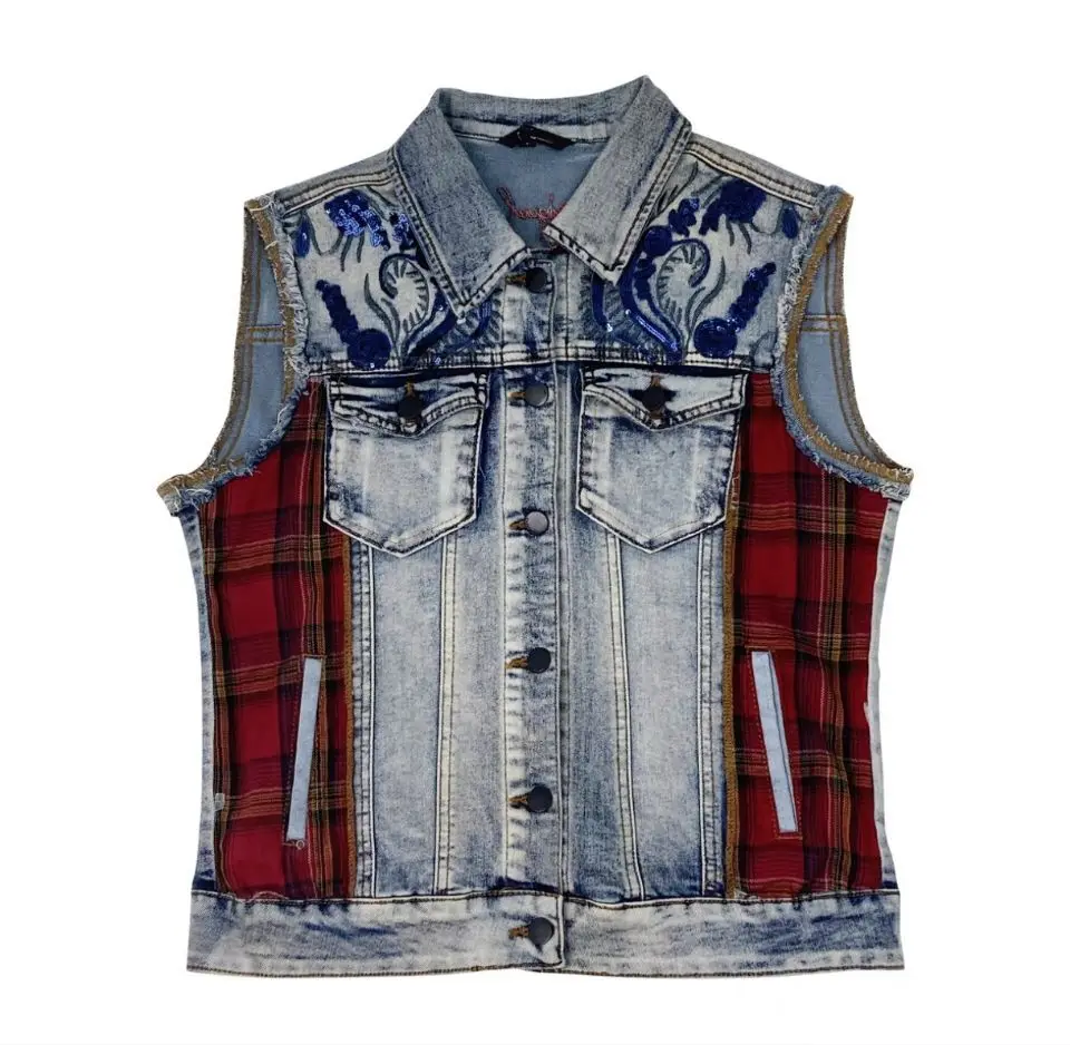 Commercio estero originale singolo spagnolo nuovo ricamo patch stitching vintage washed denim vest