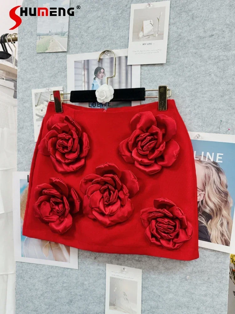 

2024 Summer New Super Nice Solid Color Handmade Flower Skirts Women's High Street A- Line Skirt Trendy Feminine Elegant Skirts