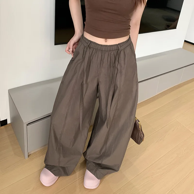 2026 New Hot Selling Solid Color Lace up High Waist Hanging Loose Straight Casual Work Pants for Women