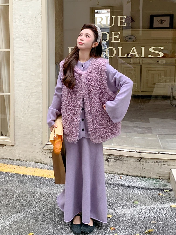 

Purple Beautiful Three-Piece Set Women's Knitted Lamb Fur Vest Top Half-Skirt Fashionable Warm Casual Style Autumn Winter
