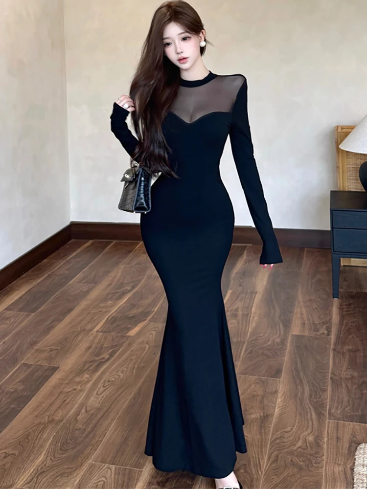 2025 Zwart Patchwork Mesh Sheer Sexy Club Jurk Vrouwen Lange Mouw Bodycon Avondjurk Zomer Koreaanse Luxe Festival Prom Dress
