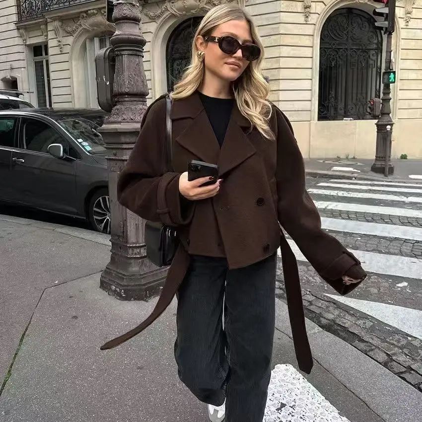 

2025 европейский и американский женский костюм с воротником, шерстяная куртка, осенне-зимняя свободная кружевная повседневная двубортная темпераментная куртка