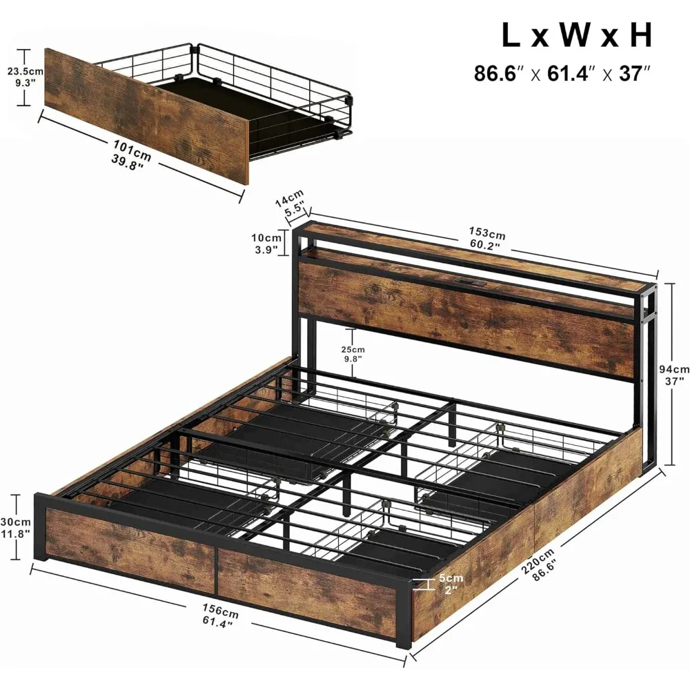 Queen Bed Frame com gaveta de armazenamento, 2-Tier Armazenamento Headboard, estação de carregamento, sem Box Spring necessário, fácil montagem