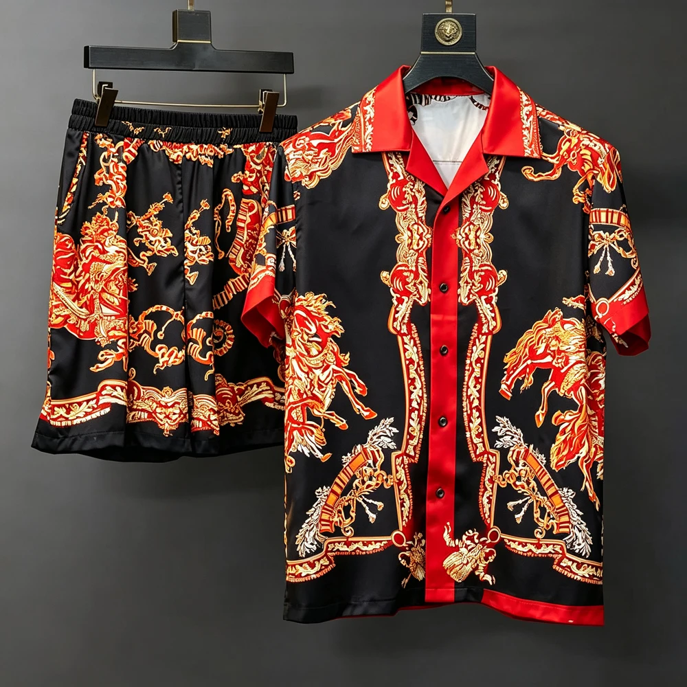 Men's Summer Cool Short-Sleeve Short Pants Set with Colorful Baroque Pattern Print Shirt Hawaiian Beach Vacation Festival Gift