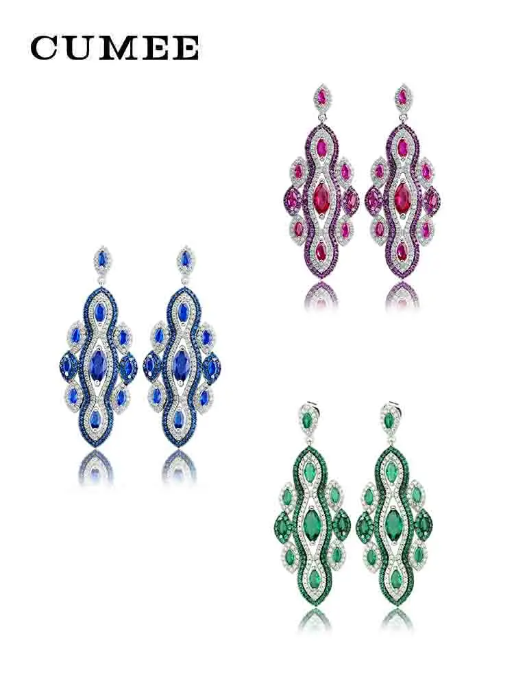 CUMEE New Chinese Design Fashion 3color Lab Created Gemstone Earring for Women 925 Sterling Silver Gold Plated