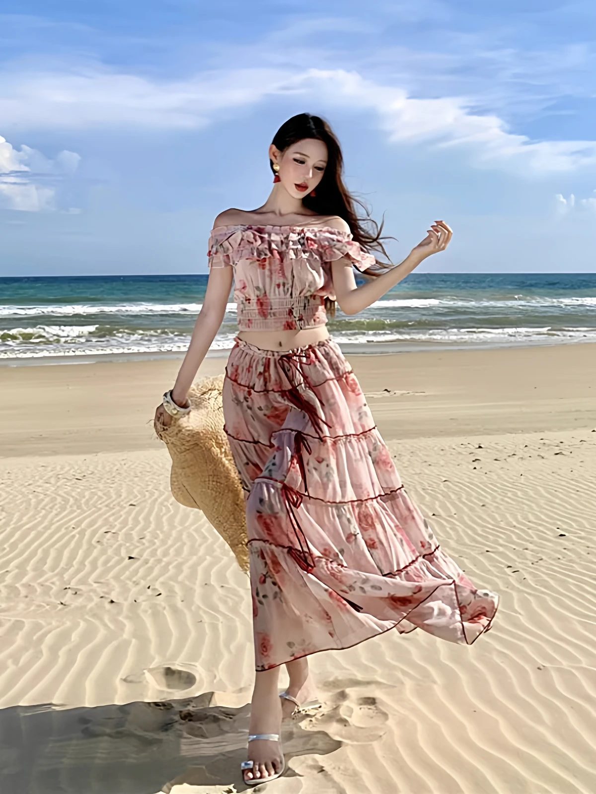 

Stunning Lace Trim One oulder Top And f Skirt Set Beach Vaion Sle Women's Clothing Floral Print High Waist ort Sl...