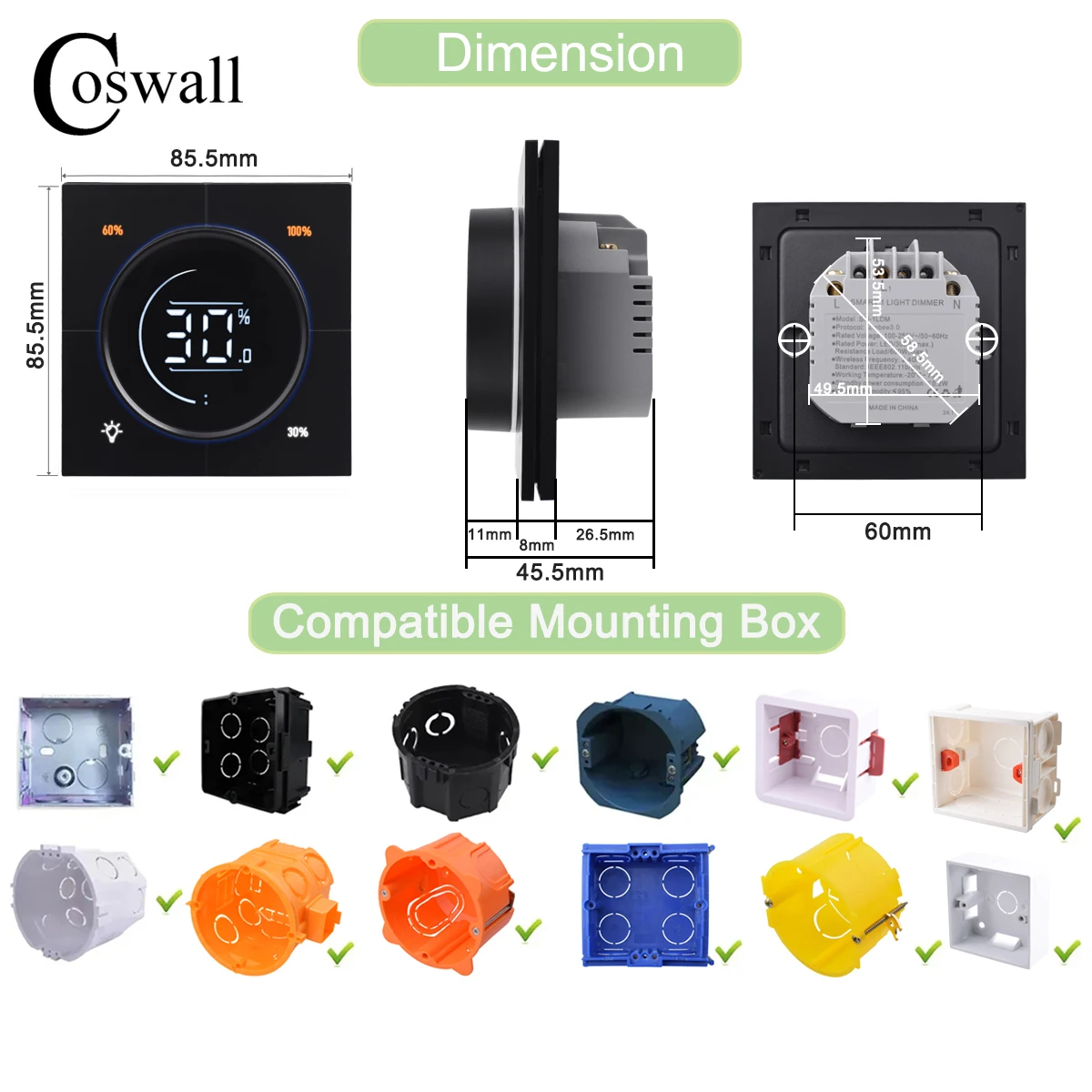 COSWALL Infinite Knob Dimmer Regulator Zigbee 3.0 PC Panel Wall Light Switch 150~300W AC 110-240V Digital LCD