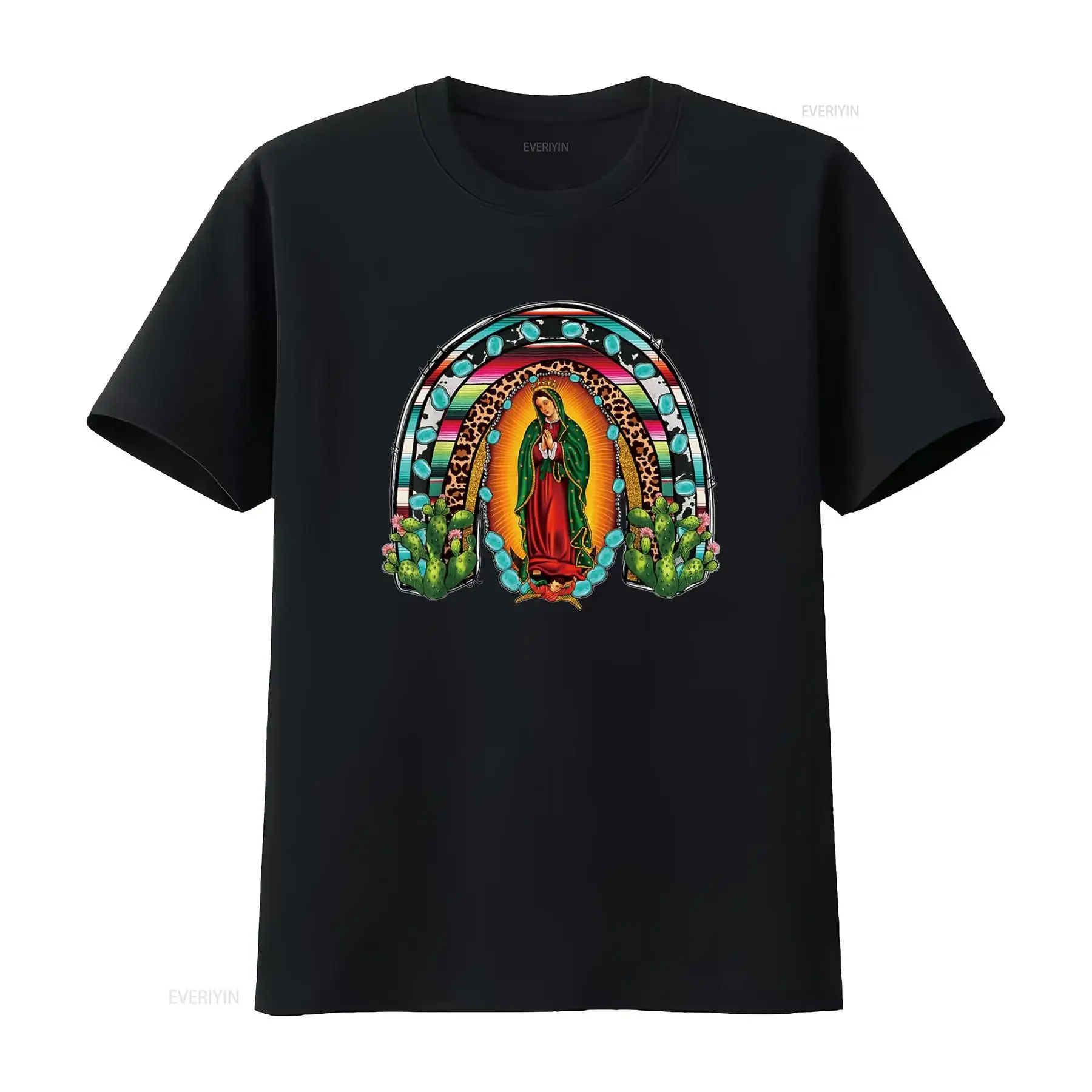 Our Lady of Guadalupe Saint Virgin Mary Serape Rainbow T Shirt vintage Washed Breathable Top For Everyday Wear homme graphic