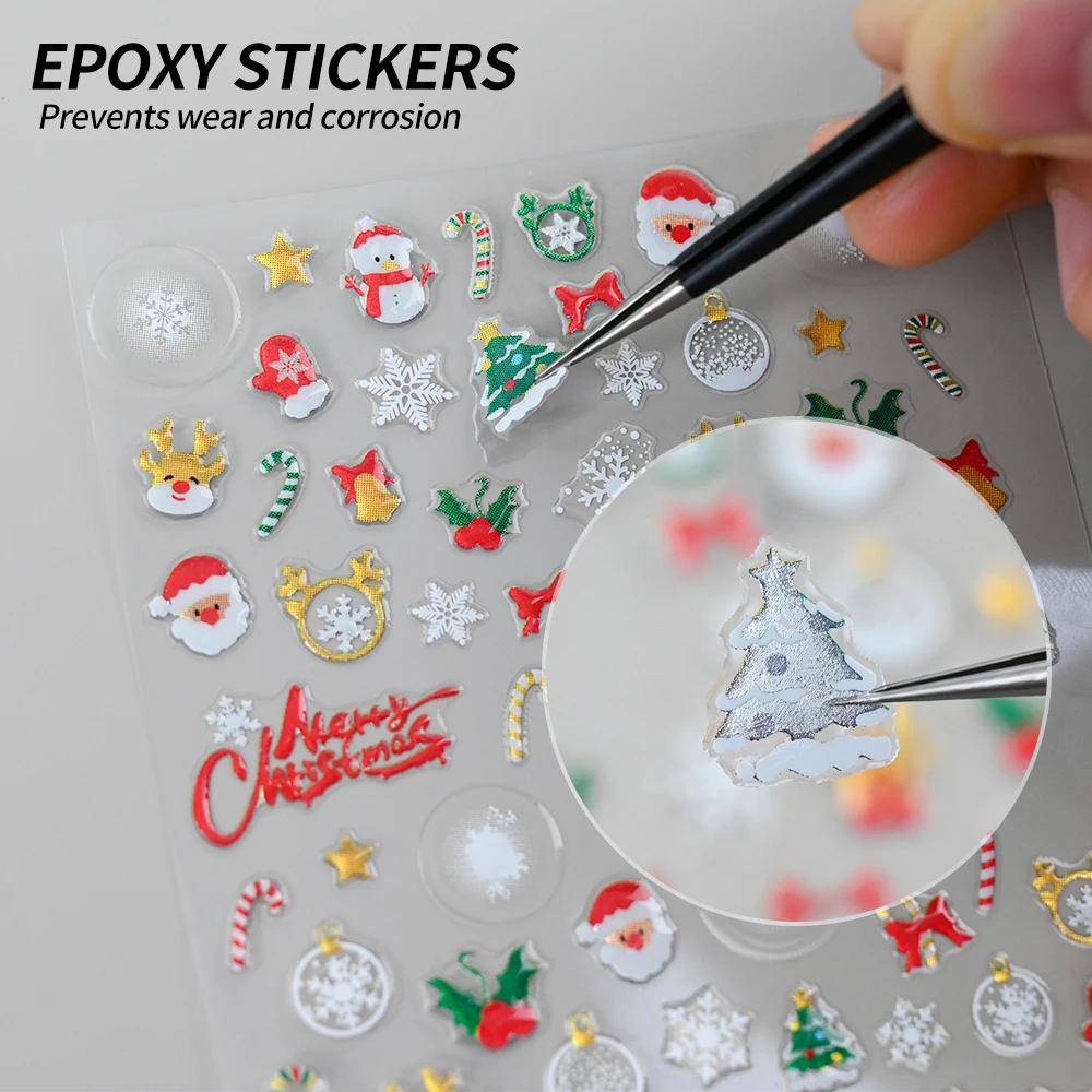 3D White Snowflake Merry Christmas Epoxy Nail Stickers Cute Snowman Elk Pine Self Adhesive Sliders Winter Xmas Nail Art Decals