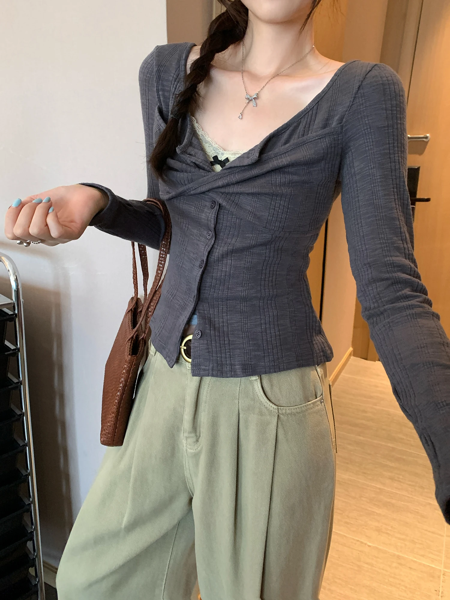 Early Autumn Atmosphere Knot Splicing Long Sleeve Open Cardigan T-Shirt Women's New Design Top Dark Blue Commute Style Slim Fit