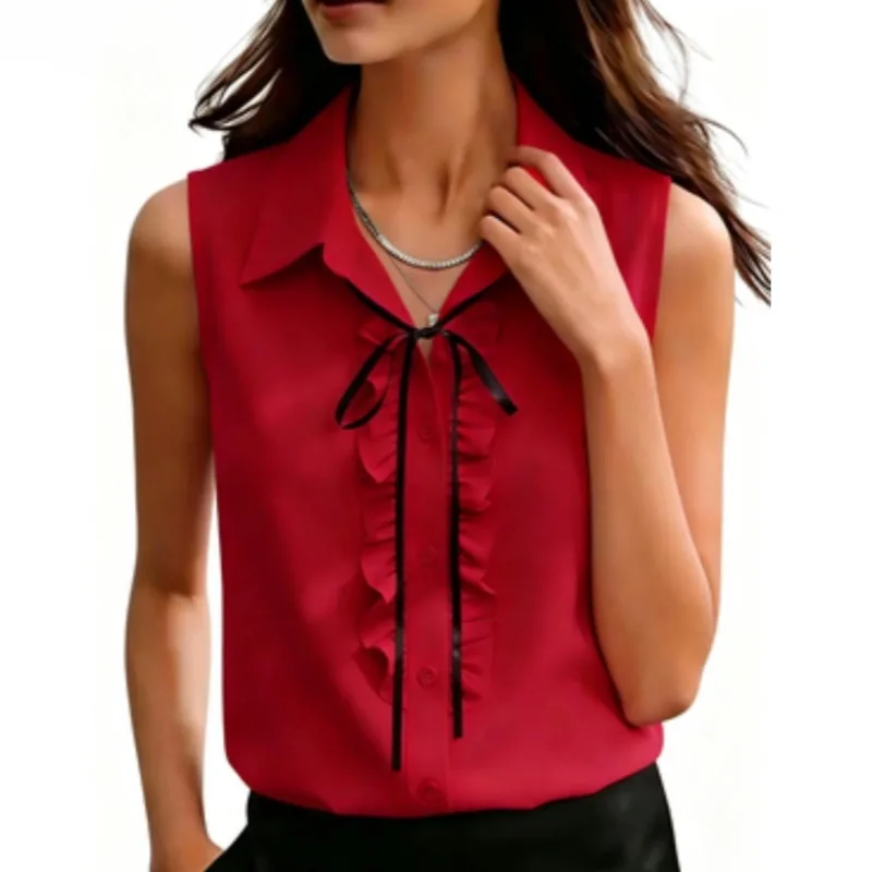 A Stylish Apricot-colored Lapel Shirt with  Lively Black Ear Trim and  Tie That Can Be Adjusted for  Slimming  Versatile Top