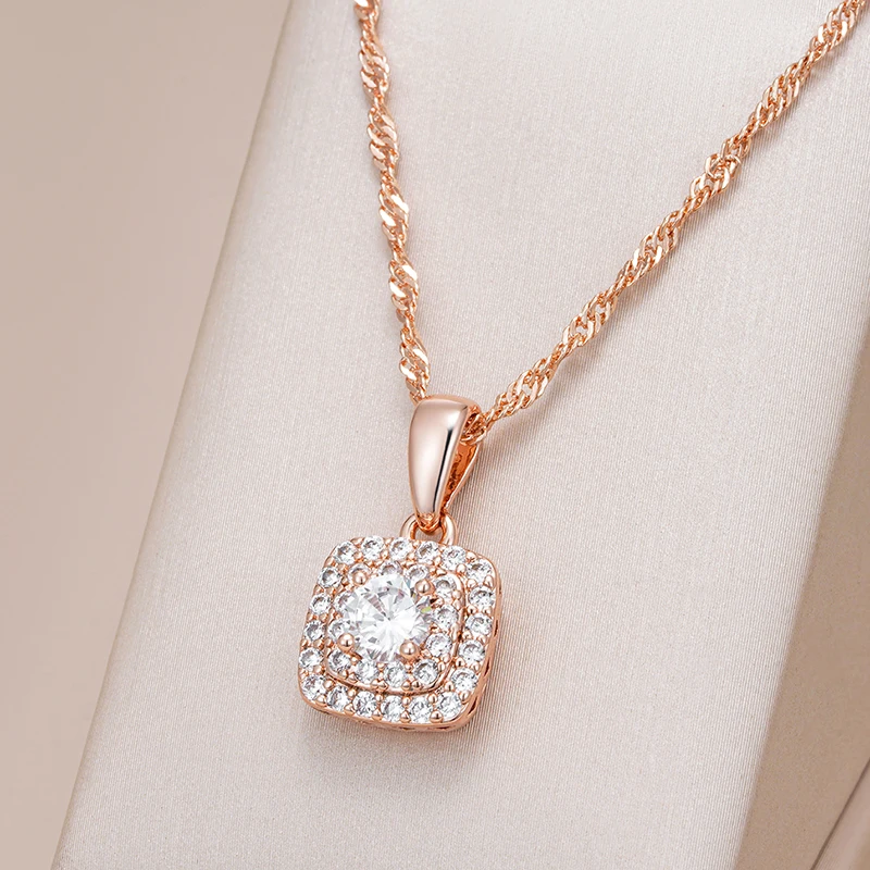 Kinel Hot Shiny Natural Zircon Square Pendant Necklace for Women Trend 585 Rose Gold Color Crystal Pendant Vintage Jewelry Gift