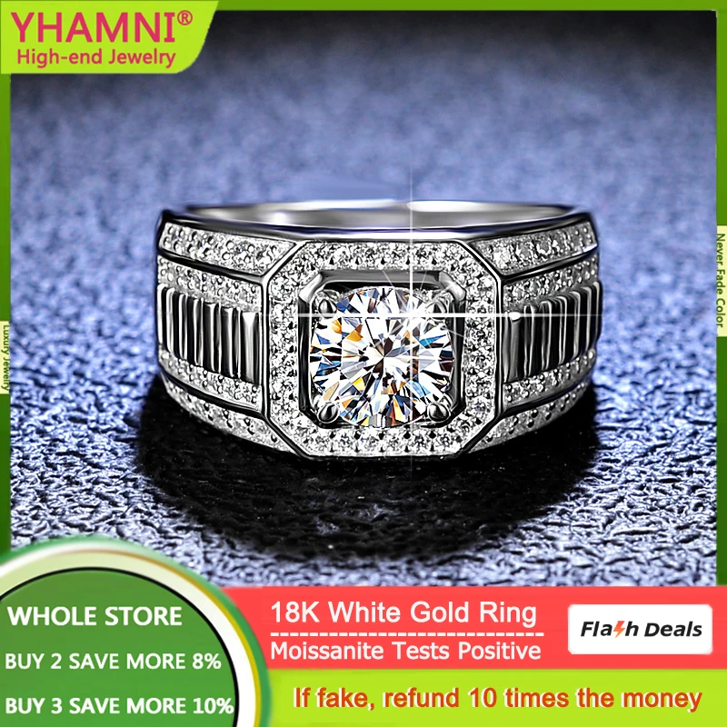 Men's Luxury Eternal 18K White Gold Rings With Credentials GRA Round Luxury 1 Carat VVS D Color Diamond Moissanite Wedding Rings