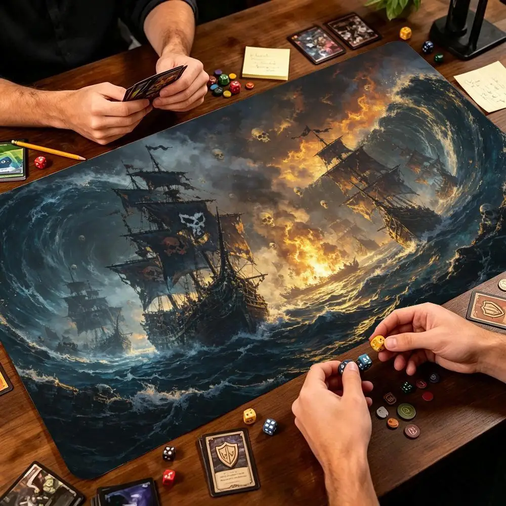 Fantasy Pirate Vessel Extended Game Mat Non-Slip Rubber Base Stitched Edges Large Play Mat For Tabletop Trading Card Board Game