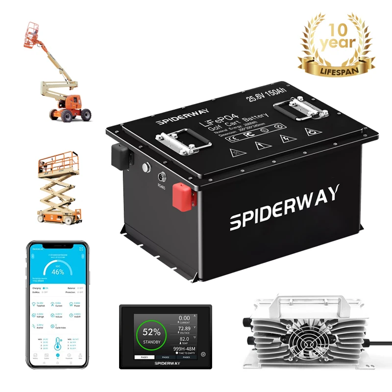 24V /25.6V 105Ah LiFePO4 Lithium Battery With Charger 200A BMS Max. 6.45kW Load Power for Genie Skyjack JLG Boom Scissor Lift