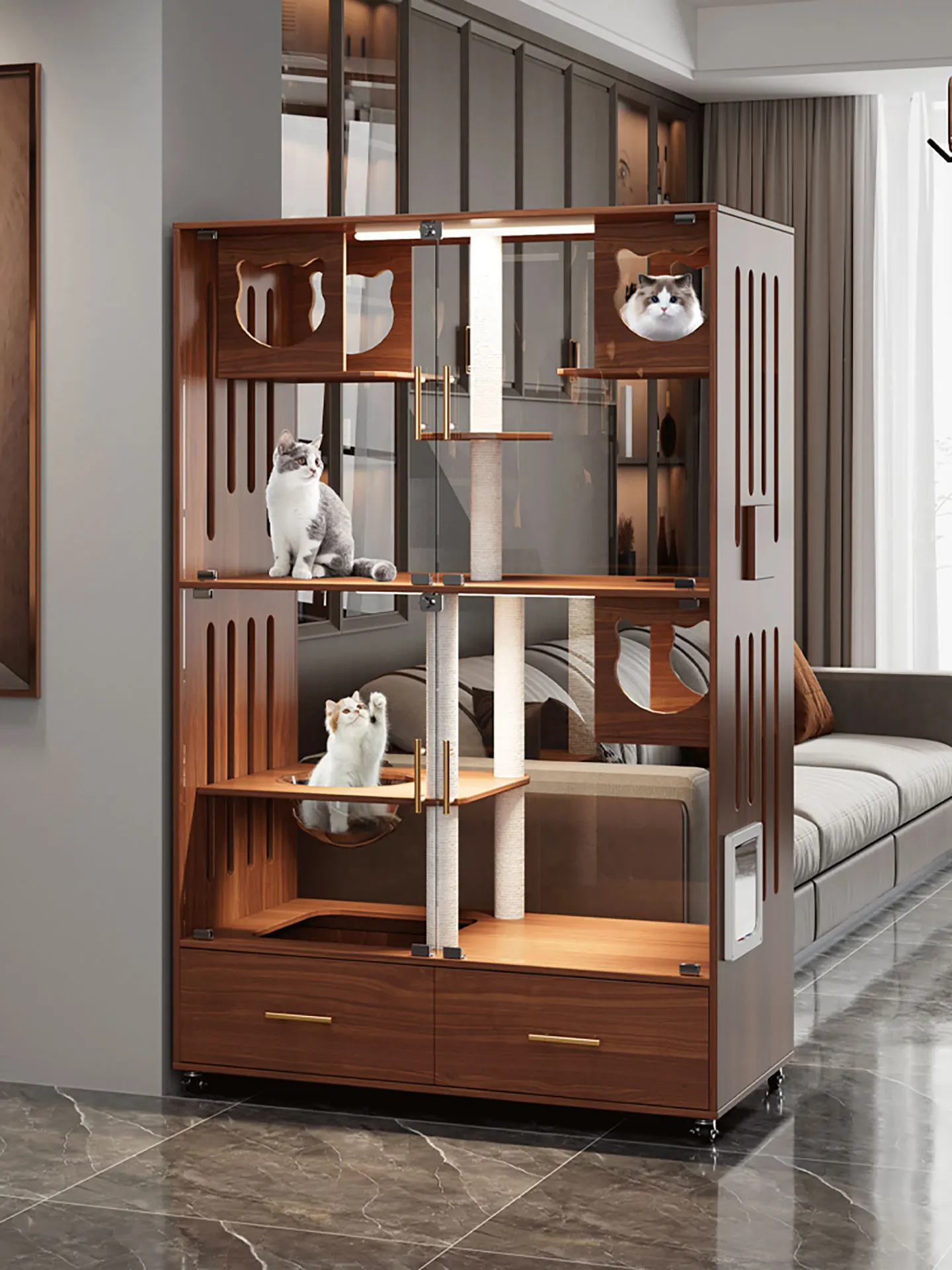 

Solid wood cat nest cat villa with toilet integrated household indoor panoramic cage villa luxury cat cabinet