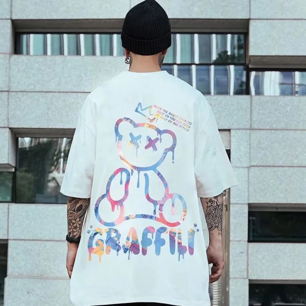 New Men's Summer Colorful Teddy Bear Letter Print Comfortable and Breathable Round Neck T-Shirt Outdoor Street Top