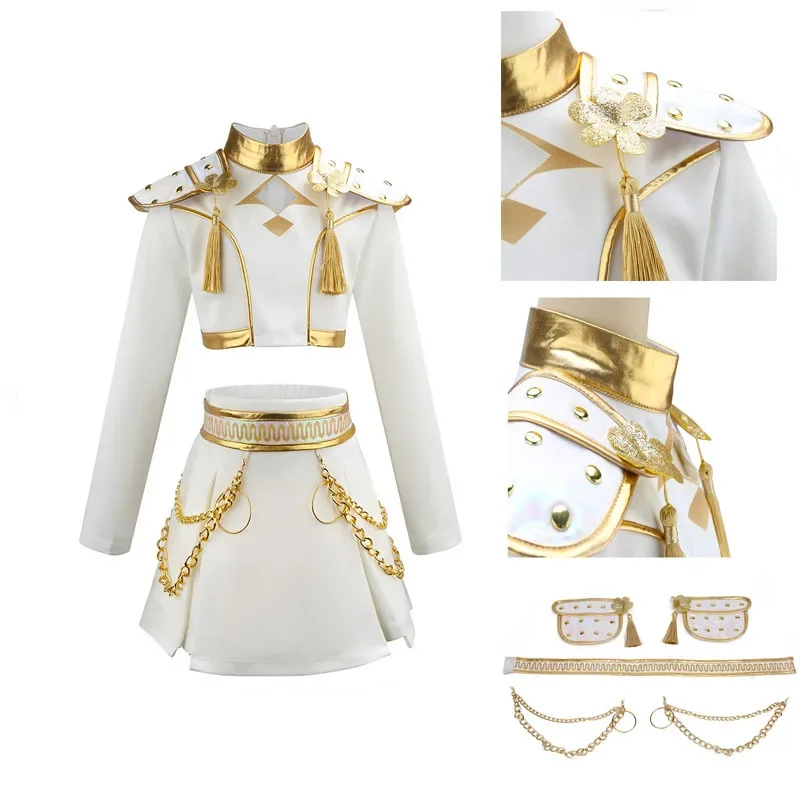 Mädchen Ritter-General Cosplay Kostüm Weiß-Gold Outfit Langarm-Oberteil Rock-Set für Halloween Karneval Themenparty – Detail 3