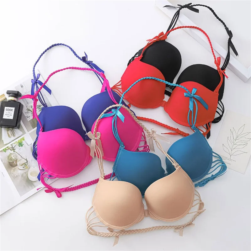 Women Sexy Front Closure Bra Push Up Bralette Halter Bows Solid Underwear Backless Brassiere Little Cup Intimate Lingerie 2023