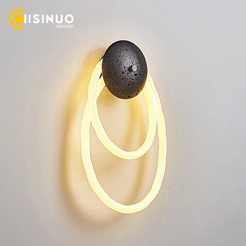 Wabi-Sabi Travertine Natural Stone Wall Lamp Woven Silicone Soft LED Bedside Sconce for Bedroom Living Room Entryway Hotel Decor