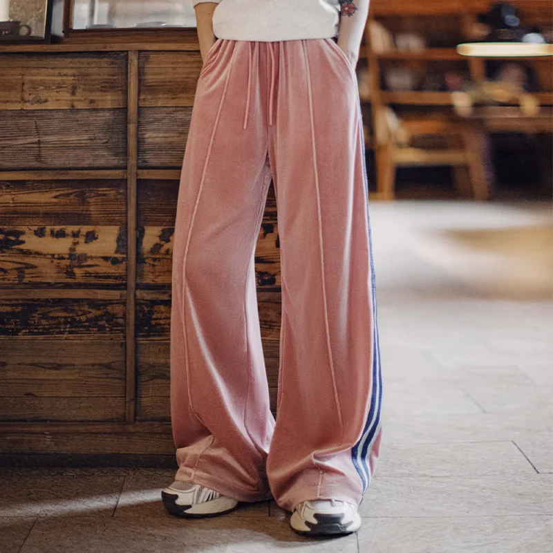 Maden Casual Pink Velvet Straight-Leg Sweatpants Retro Wide-Leg Drawstring Waist Joggers Trousers Versatile Women's Long Pants