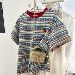 Women Summer New Chic T-Shirt Casual Retro Striped Short Sleeve T-shirt Streetwear Round Neck Loose Tops