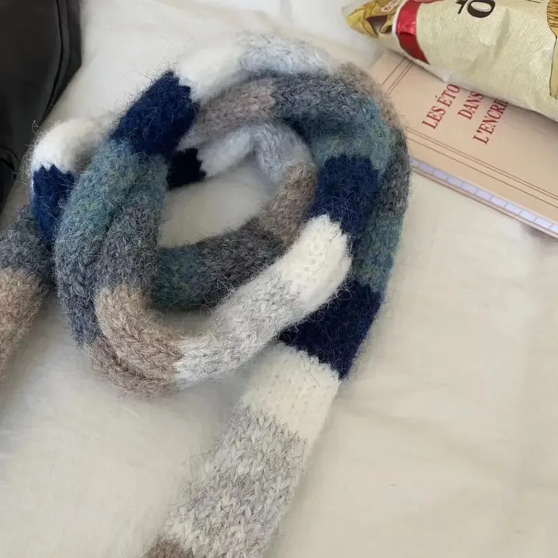 

2025 Women Knitted Imitation Wool Scarf Warm Color Splicing Contrasting Striped Fine Scarves Small Narrow Snood