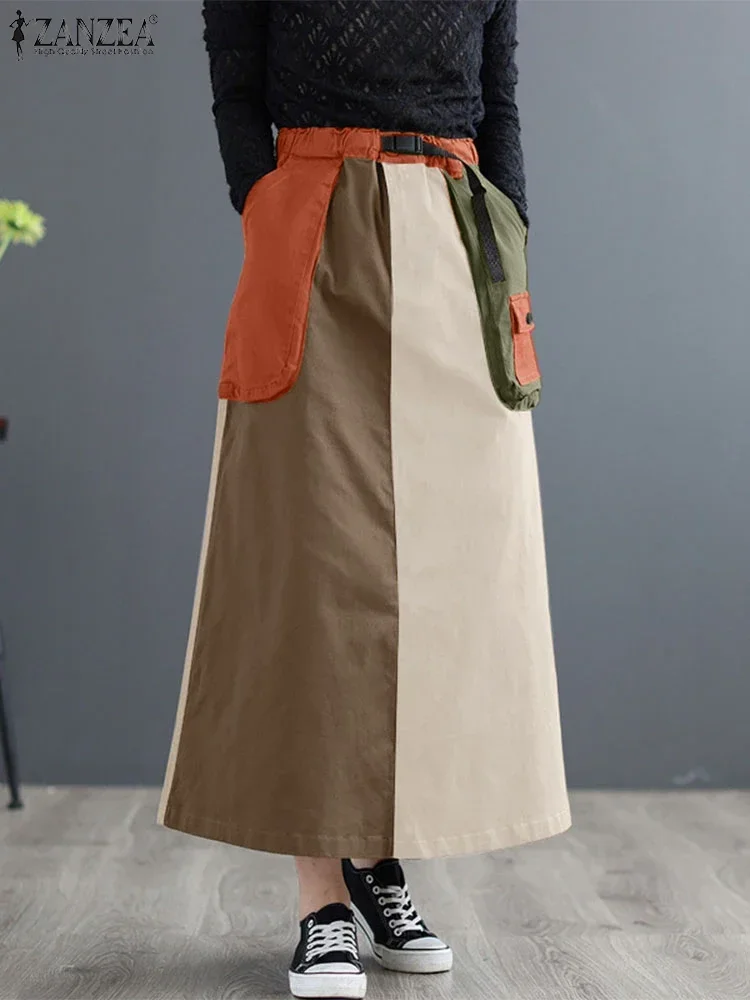 ZANZEA Autumn Loose Casual Midi Skirts Elastic Waist Cargo Street Fashion Patchwork A-line Faldas Women Color Block Long Jupes